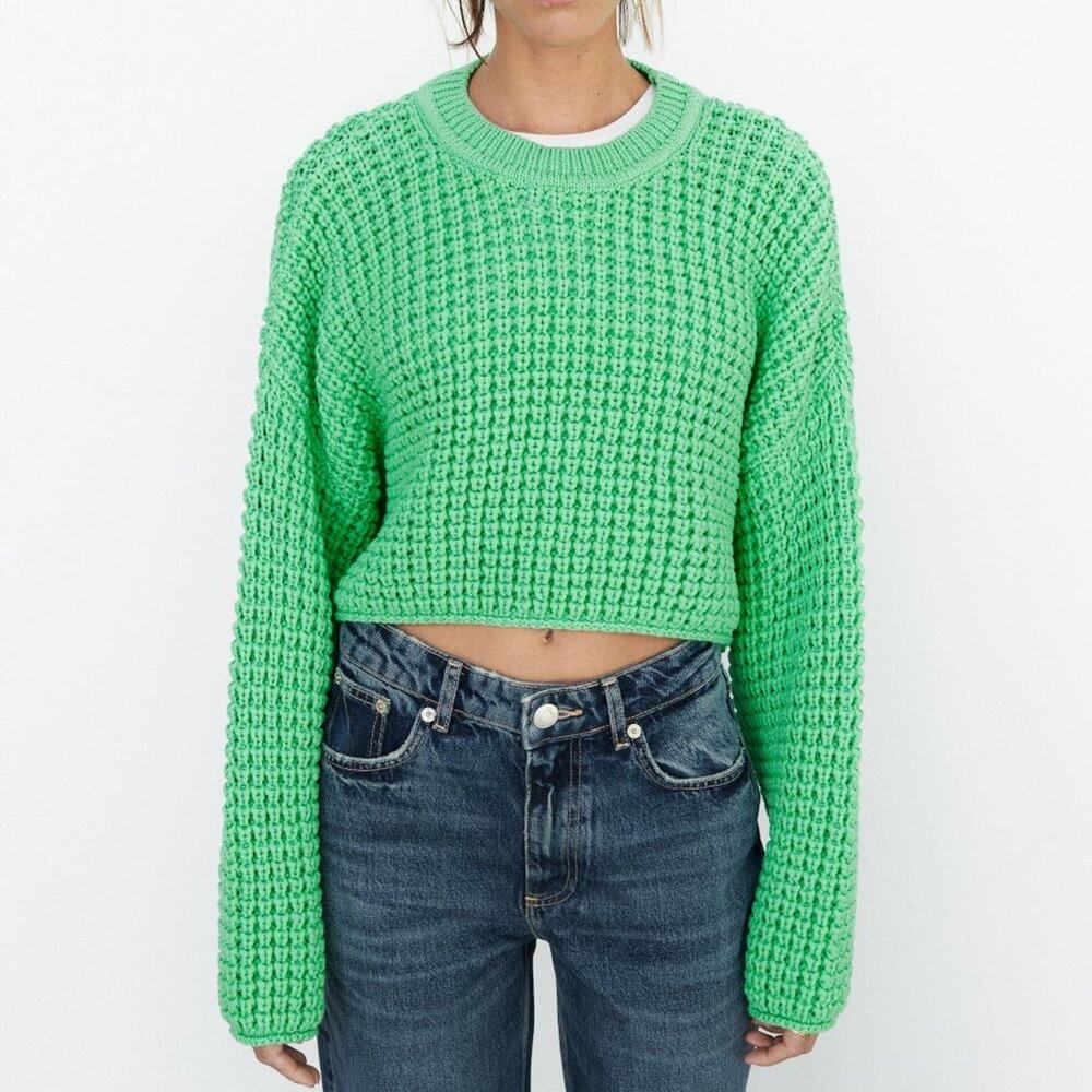 Zara Purl Knit Sweater Green Size Medium